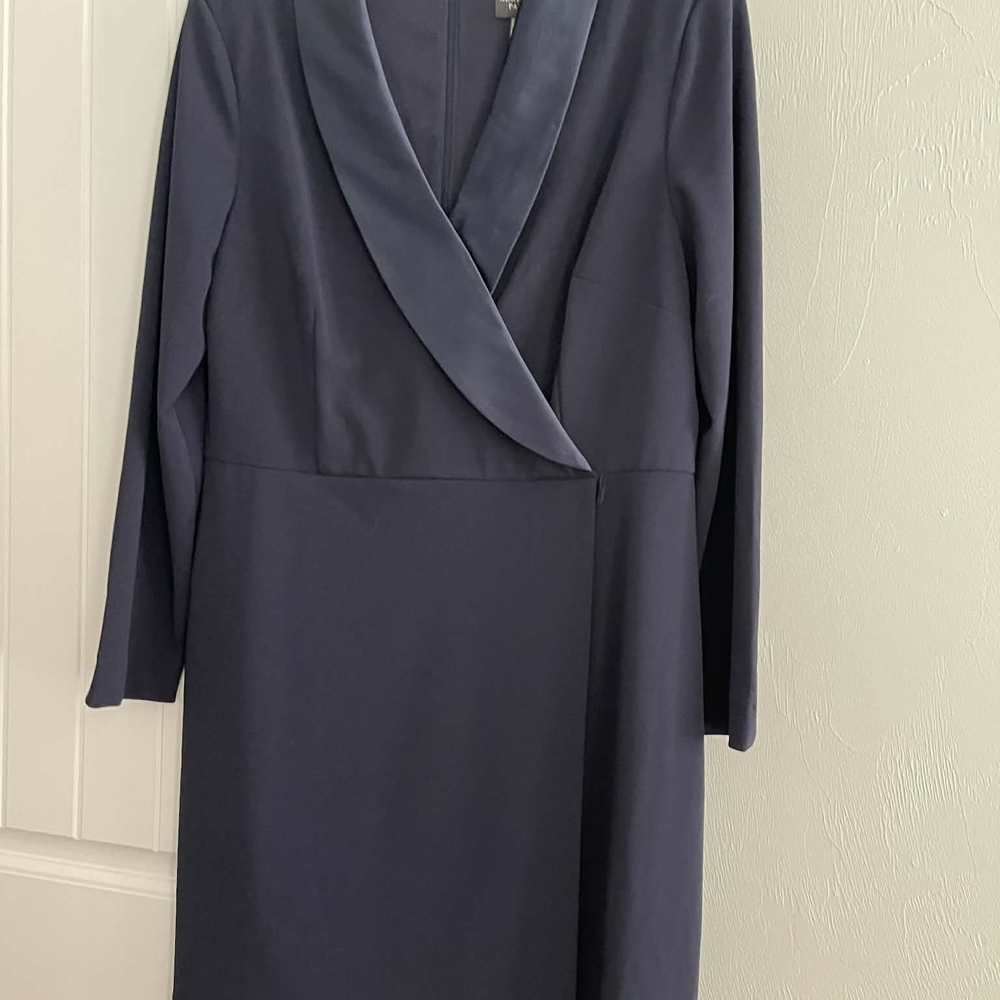 Adrianna Papell Navy Satin-Trim Wrap Long Sleeve Dress